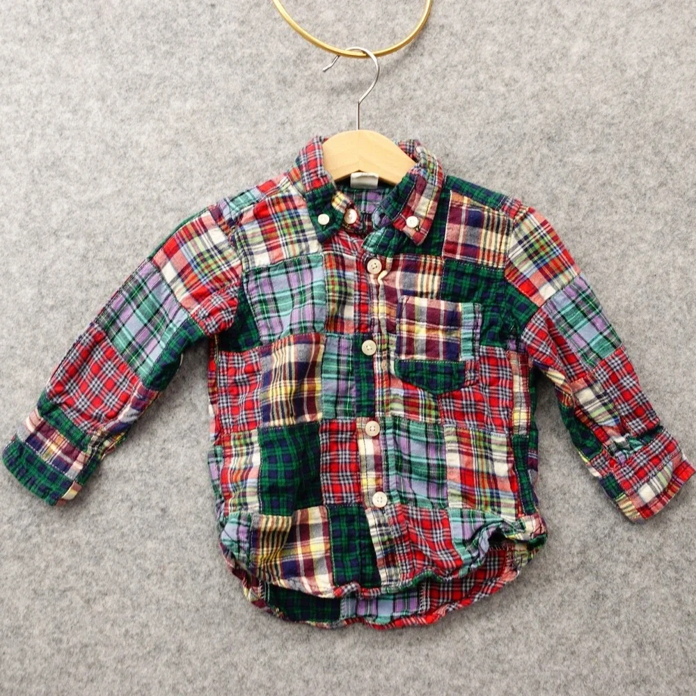 Patchwork Button Down Shirt Boys 12 18M BABY GAP Madras Plaid Preppy Holiday Ivy